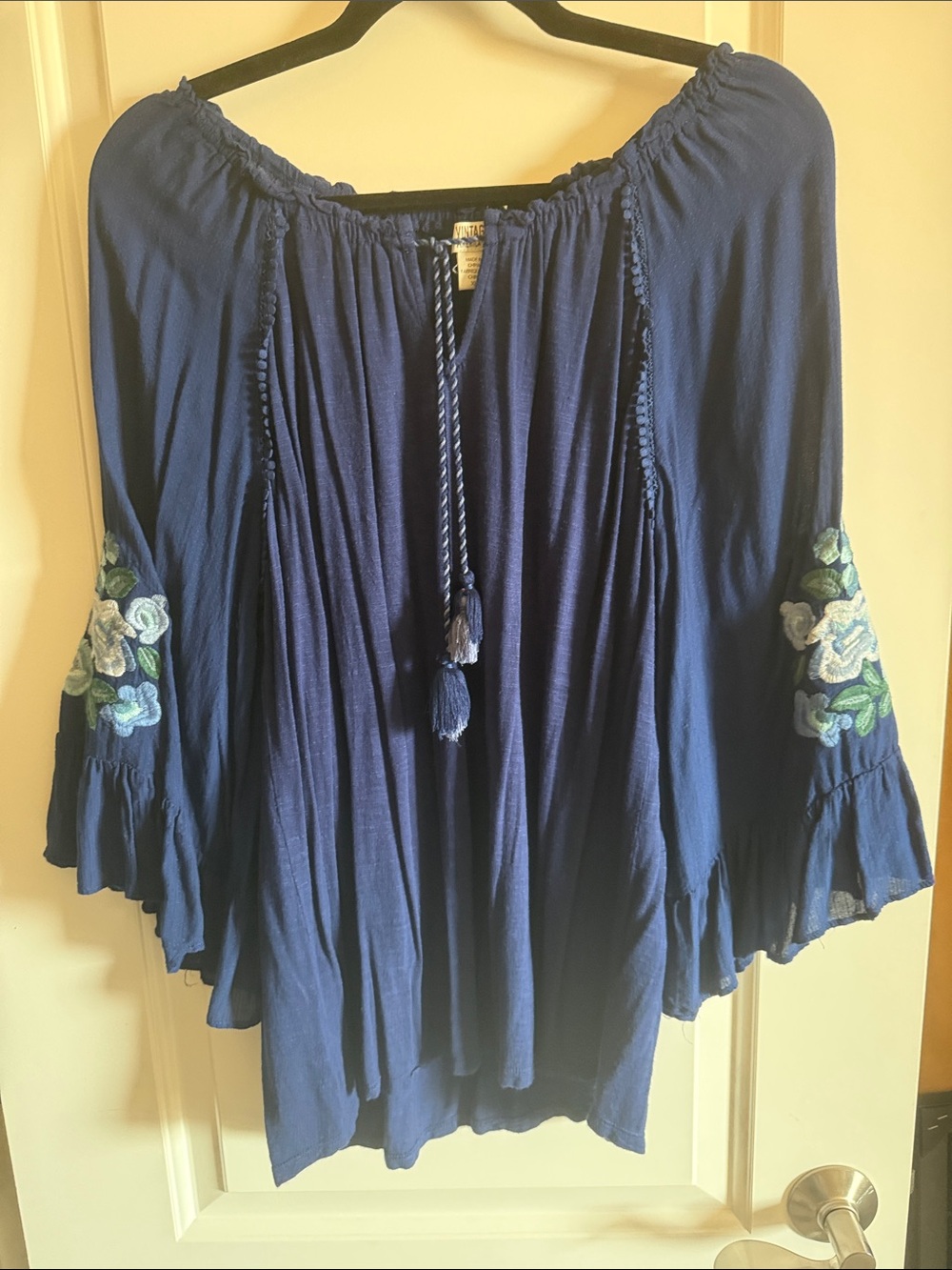 Vintage America Navy Blue Embroidered Peasant Blouse